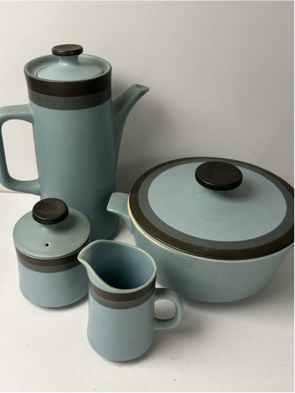 Vintage Kasuga Arrow Stone Teal Blue 4 Piece Set Coffee Pot Casserole Creamer